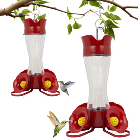 Perky-Pet glass hummingbird feeder with ant moat keeps nectar clean.