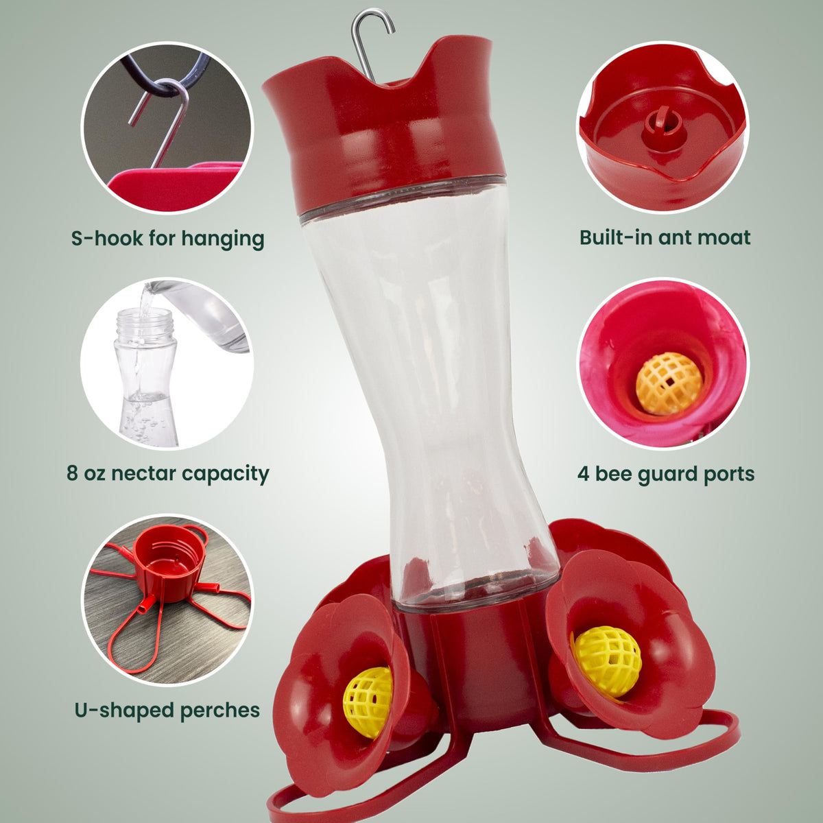Perky-Pet glass hummingbird feeder with bee guards reducing bee access.