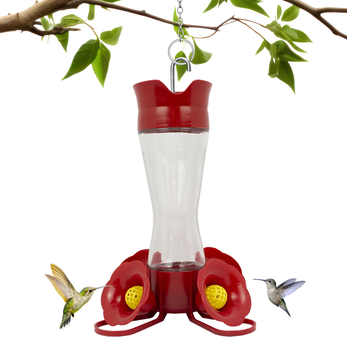 Perky-Pet glass hummingbird feeder with four ports and perches for multiple birds.