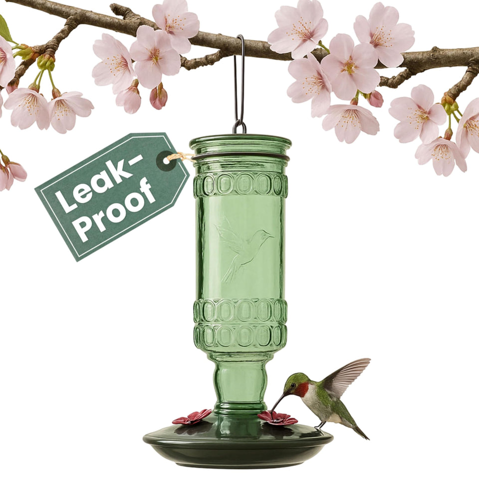Perky-Pet green antique glass bottle hummingbird feeder, a striking backyard focal point for nectar-loving birds.