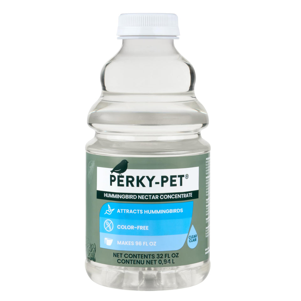 Perky-Pet nectar concentrate bottle ready for quick mixing.