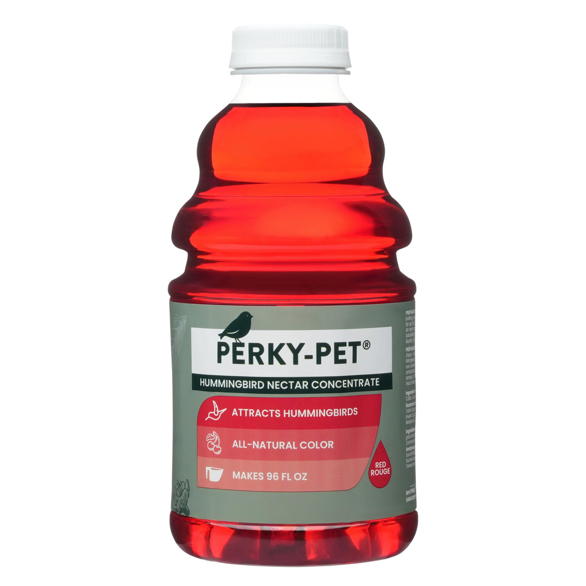 Perky-Pet nectar concentrate bottle; bold red color attracts hummingbirds