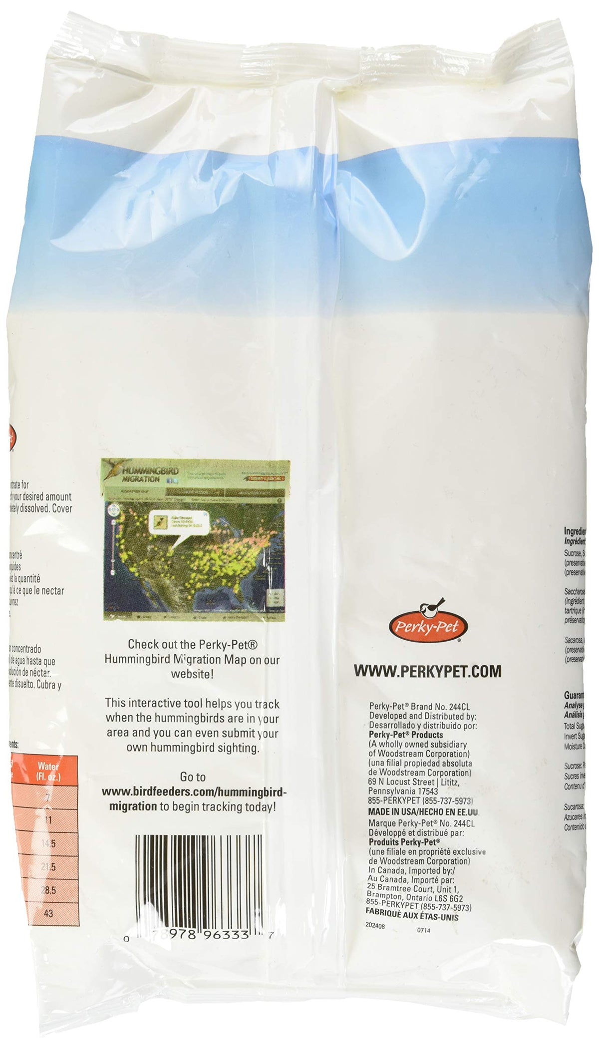 Perky-Pet hummingbird nectar powder packaging close-up highlights 100% sucrose content