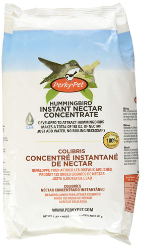 Perky-Pet hummingbird nectar powder bag pour shows easy mixing for fresh nectar