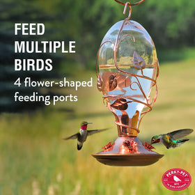 Perky-Pet Looking Glass Hummingbird Feeder copper base highlights four flower ports