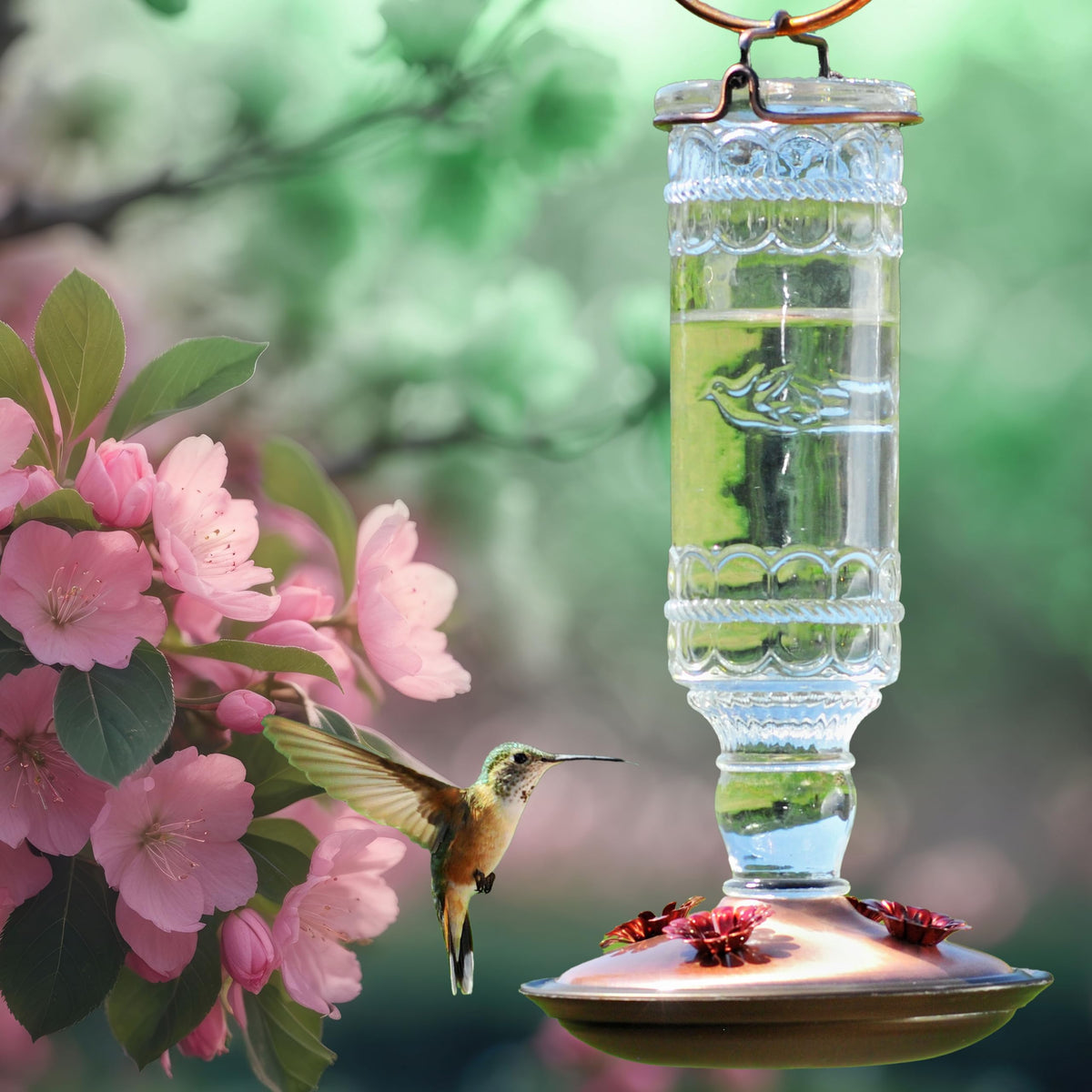 Outdoor-ready Perky-Pet hummingbird feeder hanging from a hook or branch.