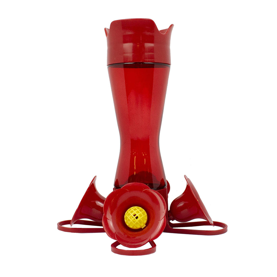 Perky-Pet red hummingbird feeder with pinch waist for easy filling