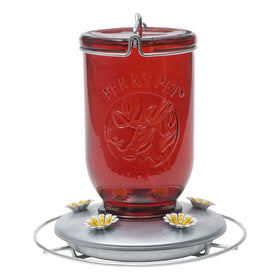 Perky-Pet red mason jar hummingbird feeder showing 32 oz capacity for extended use