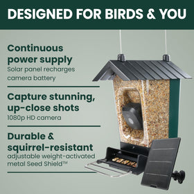 Solar panel charging setup on Perky-Pet feeder for continuous operation
