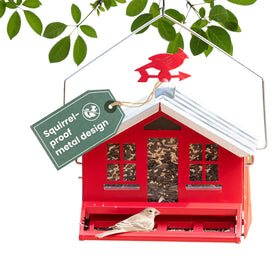 Perky-Pet Squirrel-Be-Gone II red feeder with cardinal weathervane attracts songbirds