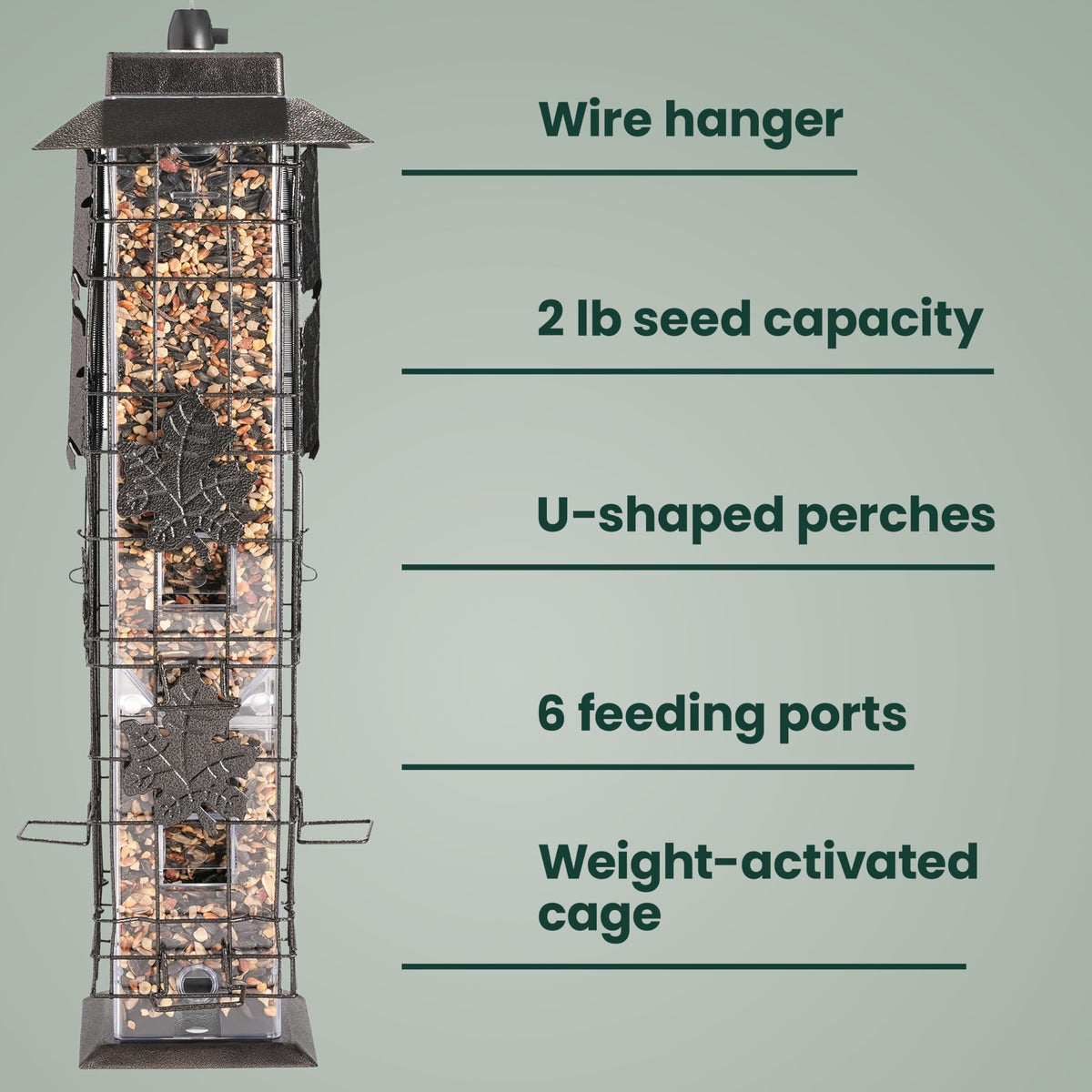 Perky-Pet Squirrel-Be-Gone with weight-activated perches closes ports when a squirrel perches.