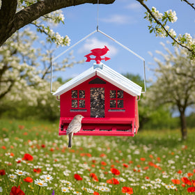 Large two-tone red design complements rustic outdoor decor