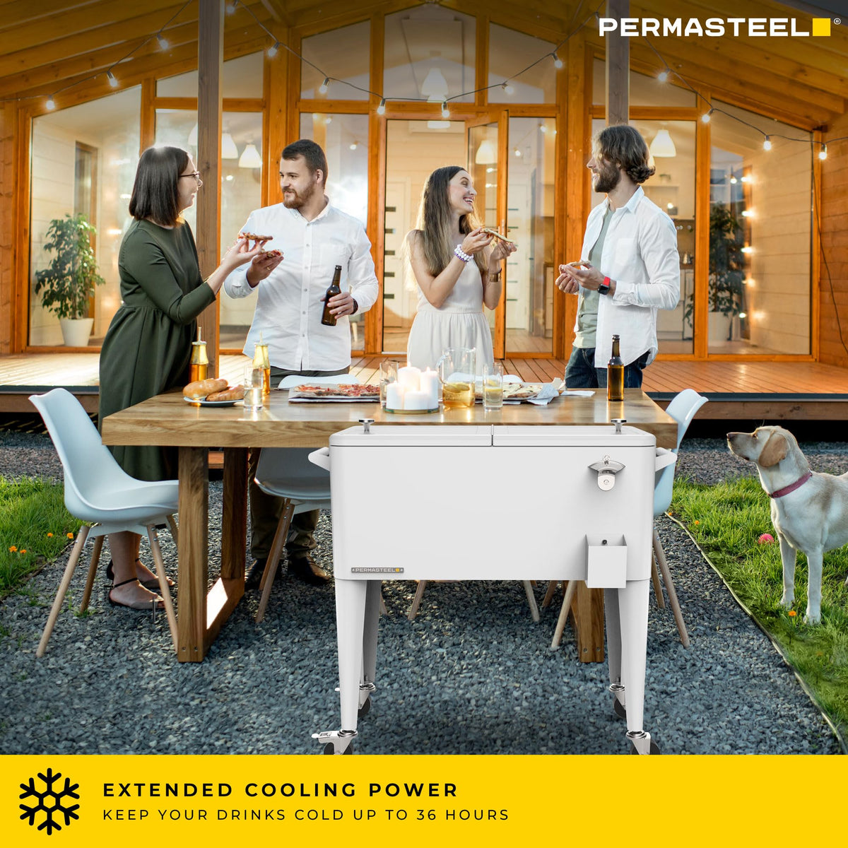 Permasteel 80qt cooler on wheels for easy patio mobility