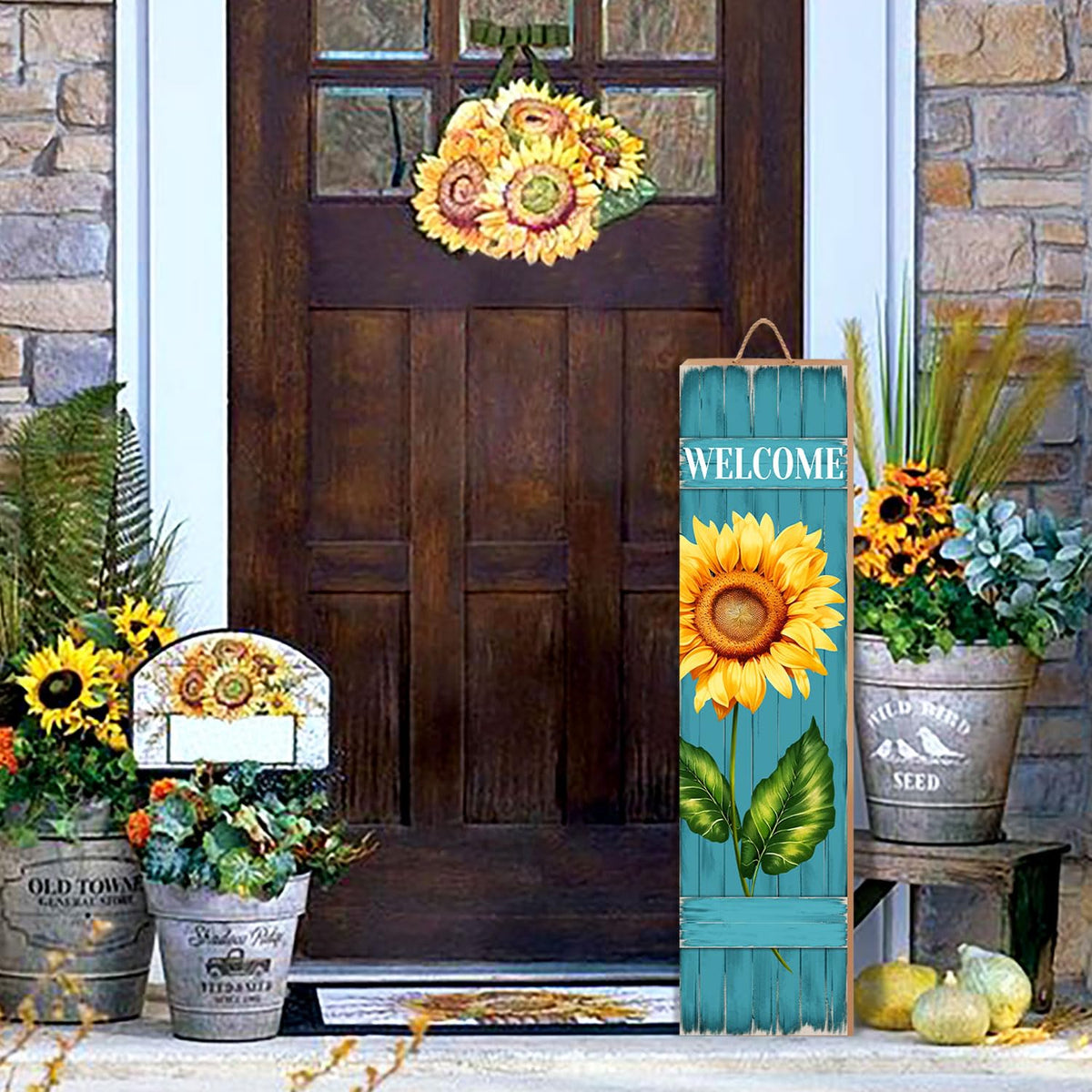 PEROUU sunflower motif on a wooden board adds a sunny touch to entryways.