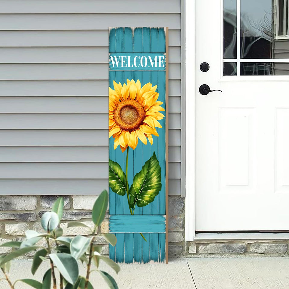 PEROUU sunflower welcome sign on a blue board enhances entry curb appeal.