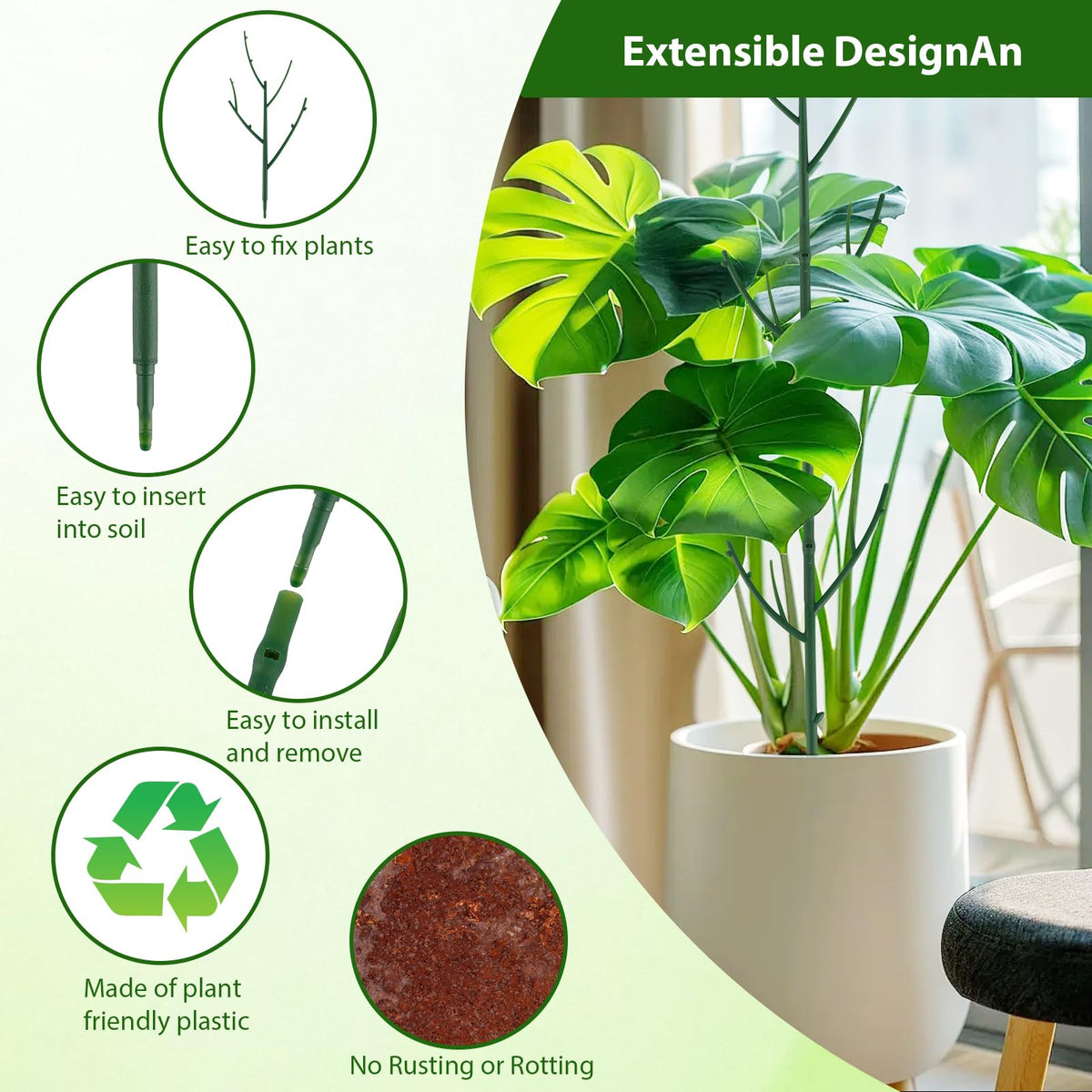 PERSZEN indoor plant stakes provide stable support with easy pot insertion