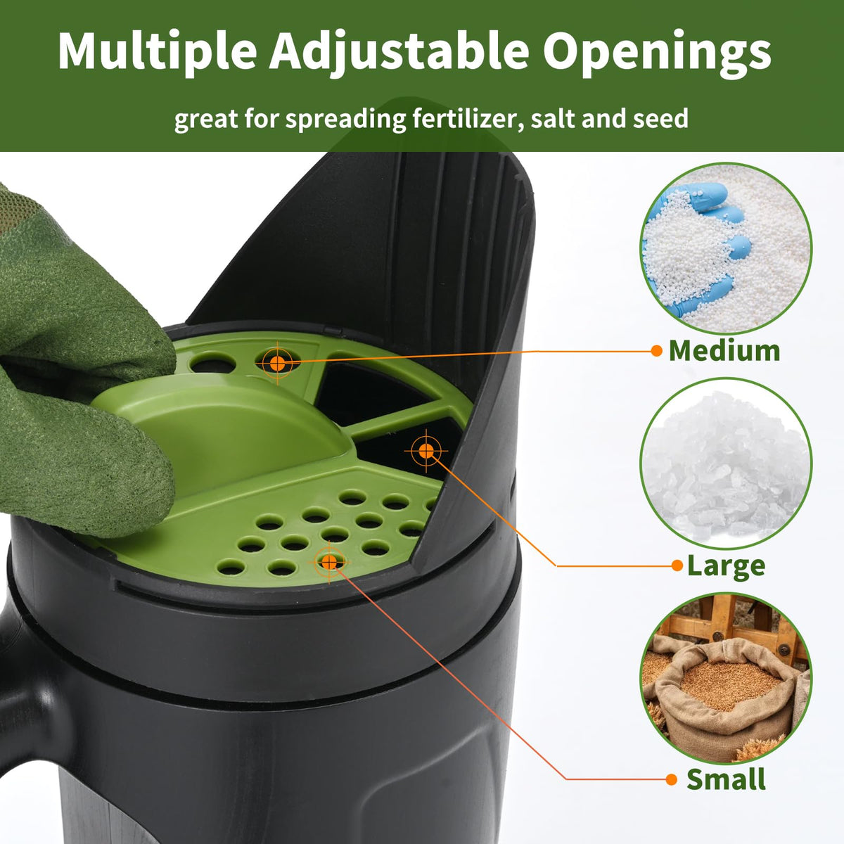 PERSZEN seed spreader versatile for salt, ice melt, seeds, and fertilizer