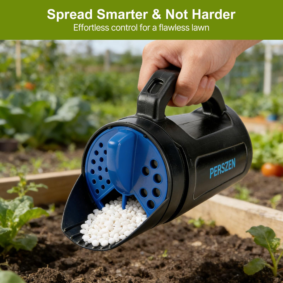PERSZEN spreader shows three settings for precise flow control
