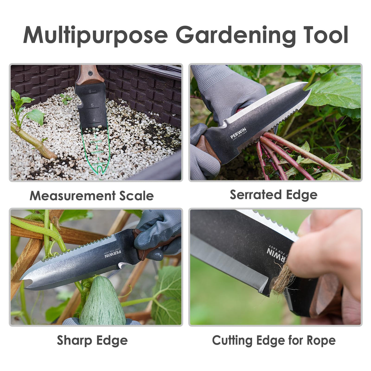 PERWIN Hori Hori knife curved-edge in action aids root cutting and transplanting