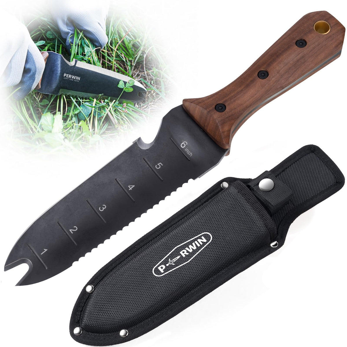 PERWIN Hori Hori knife shows full-length blade for digging and pruning