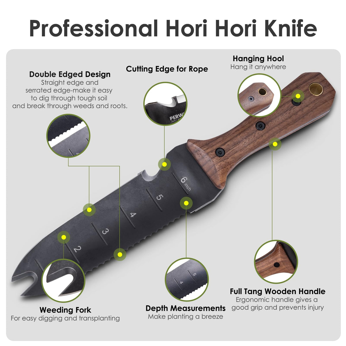 PERWIN Hori Hori knife serrated-edge supports tough root removal and cutting through soil