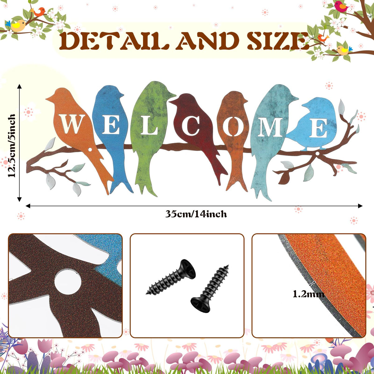 Peryiter Welcome Sign metal features colorful birds for inviting porch decor.