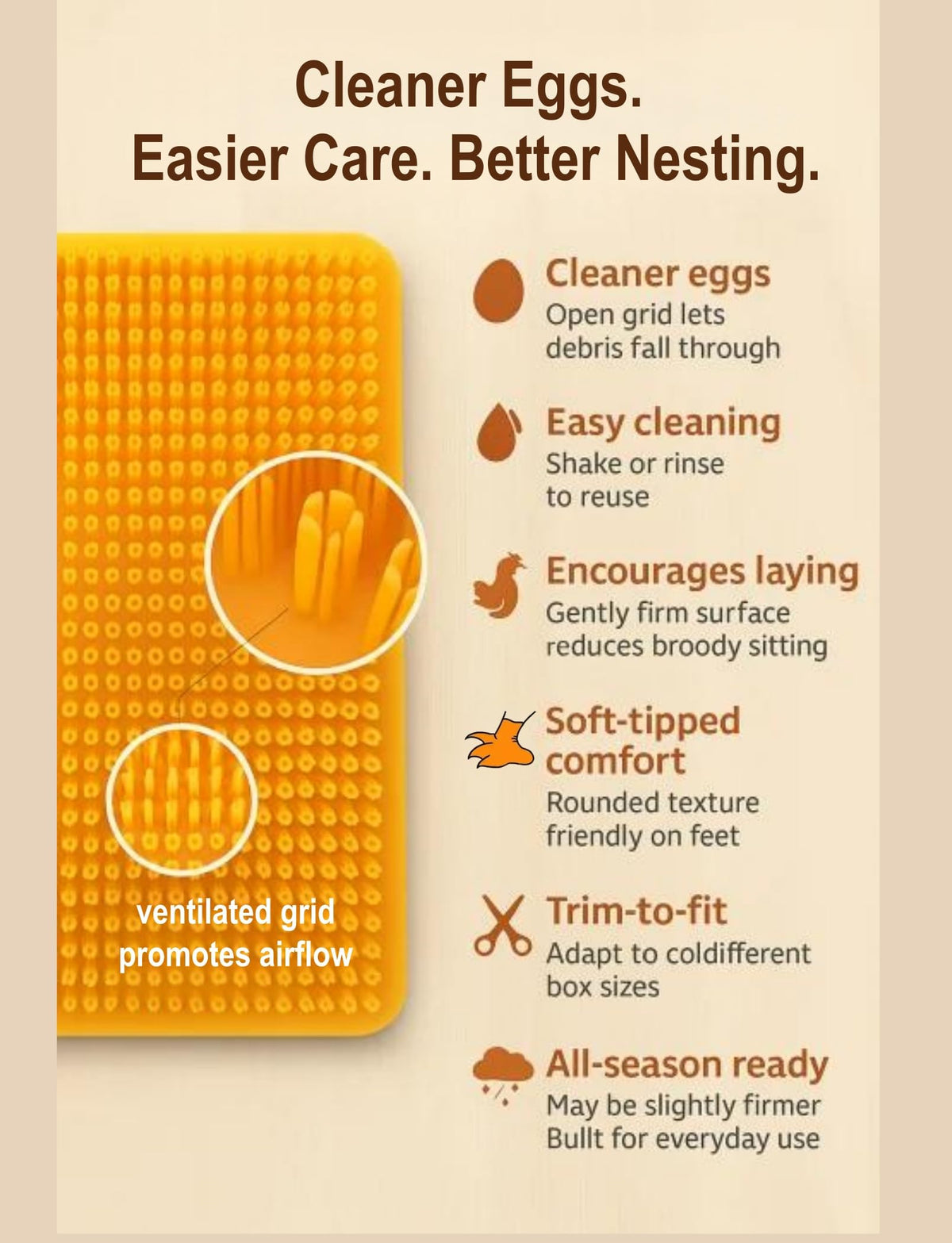 PERZUMI open-grid bedding showing droppings fall-through for cleaner eggs.