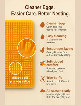 PERZUMI open-grid bedding showing droppings fall-through for cleaner eggs.