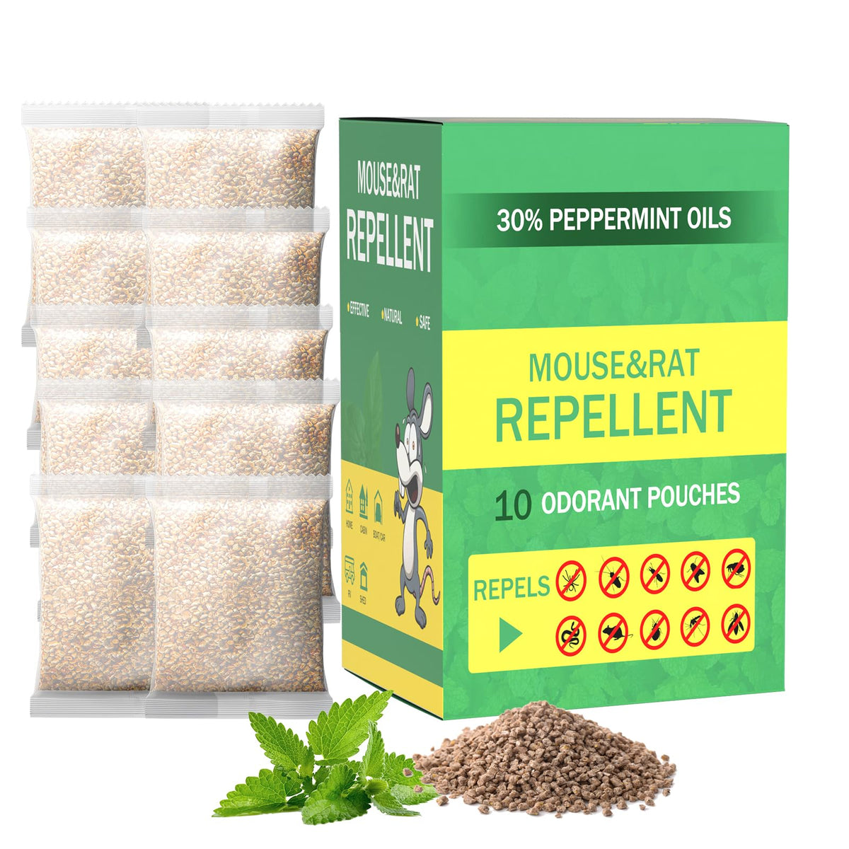 PestMentor mouse repellent pouch pack releasing peppermint scent to deter rodents.