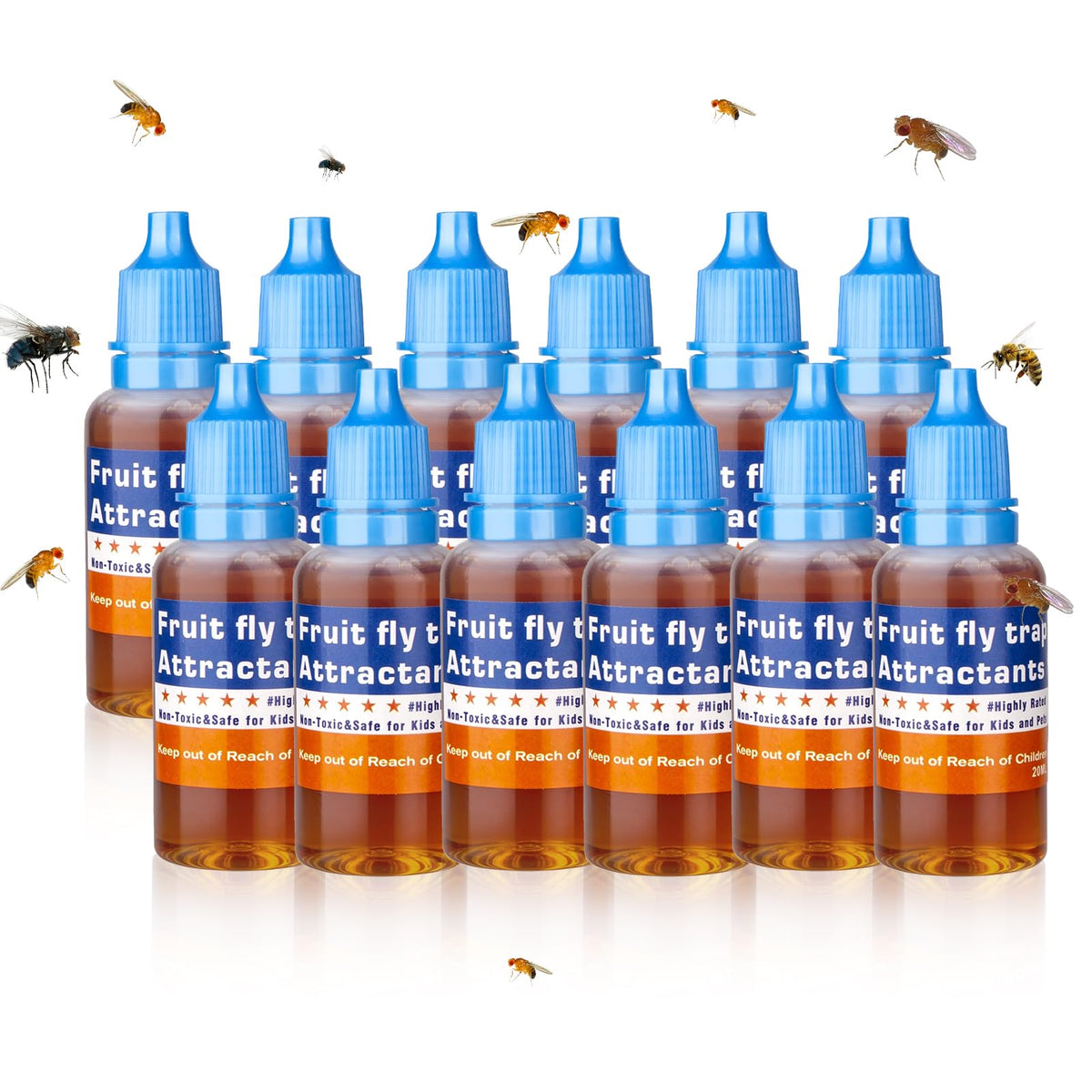 Pestvanish fruit fly trap liquid bottle shown for safe indoor use near foods.
