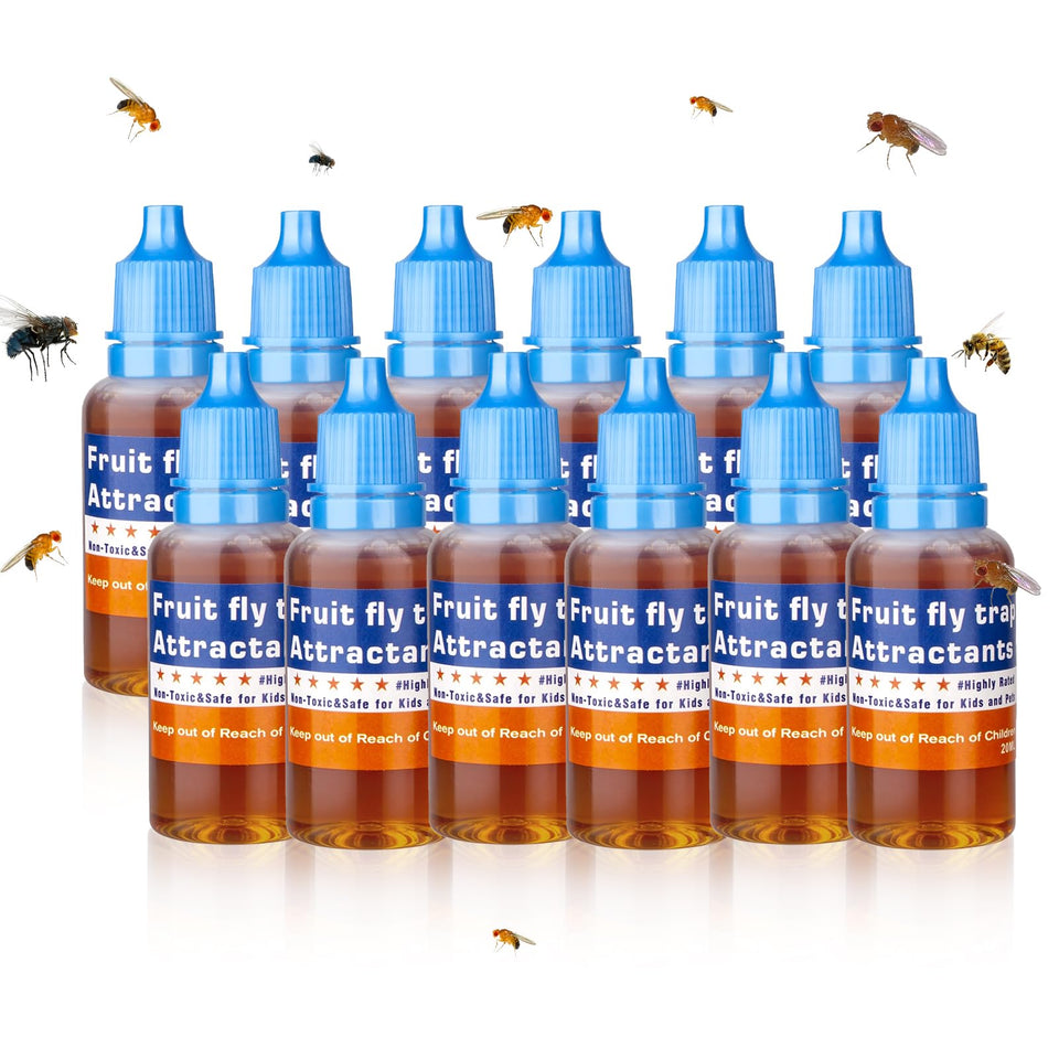 Pestvanish fruit fly trap liquid bottle shown for safe indoor use near foods.