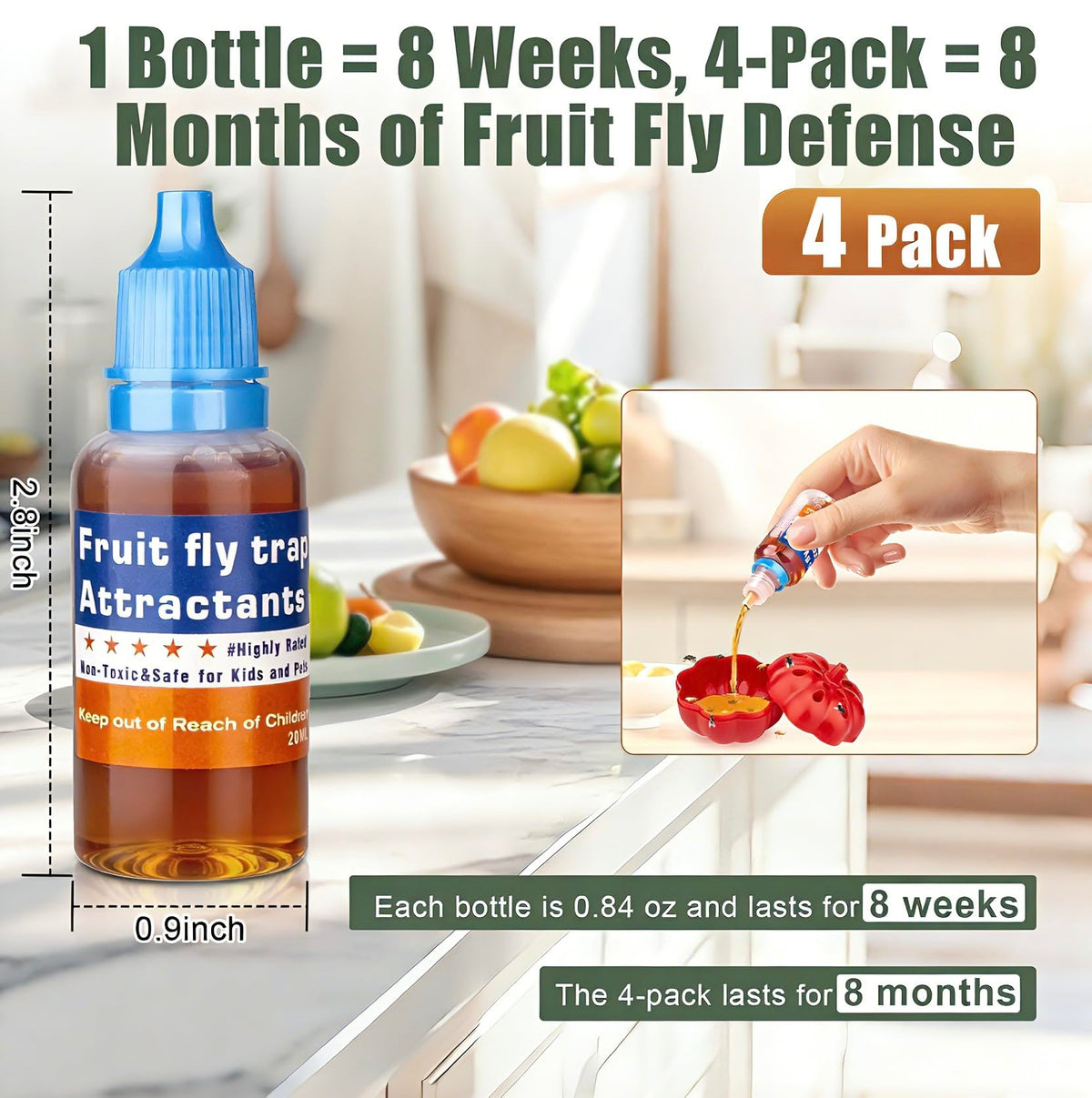 Pestvanish fruit fly trap refill on kitchen counter highlights indoor use