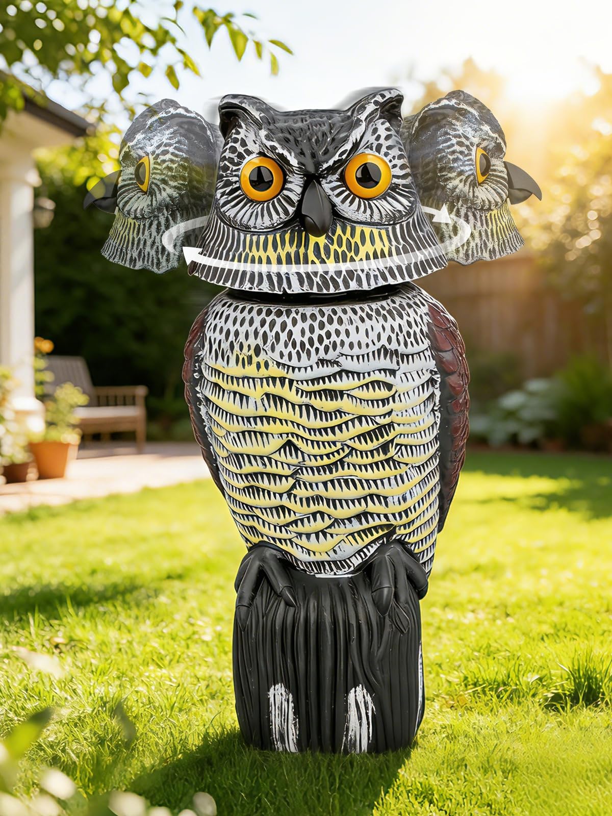 Pestvanish owl with 360-degree rotating head adds dynamic movement to outdoor spaces
