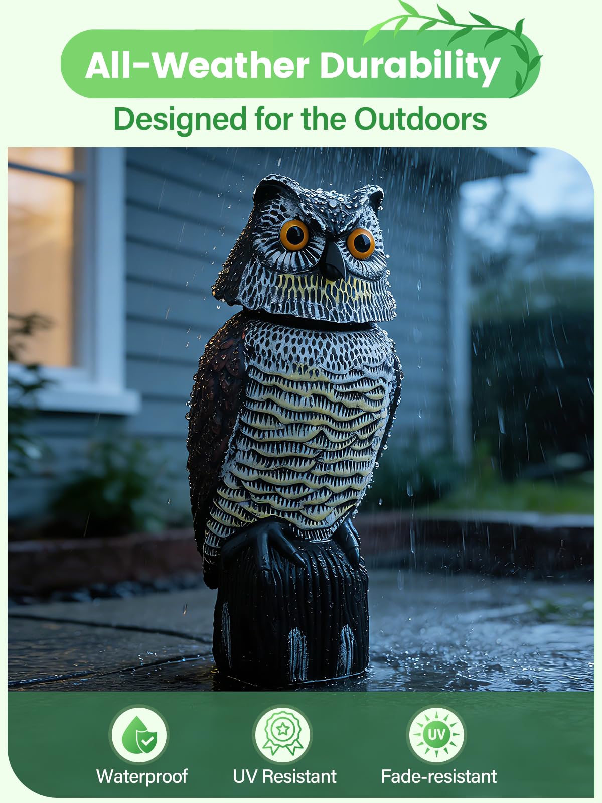 Pestvanish Owl Decoy durable and weatherproof for year-round outdoor use.