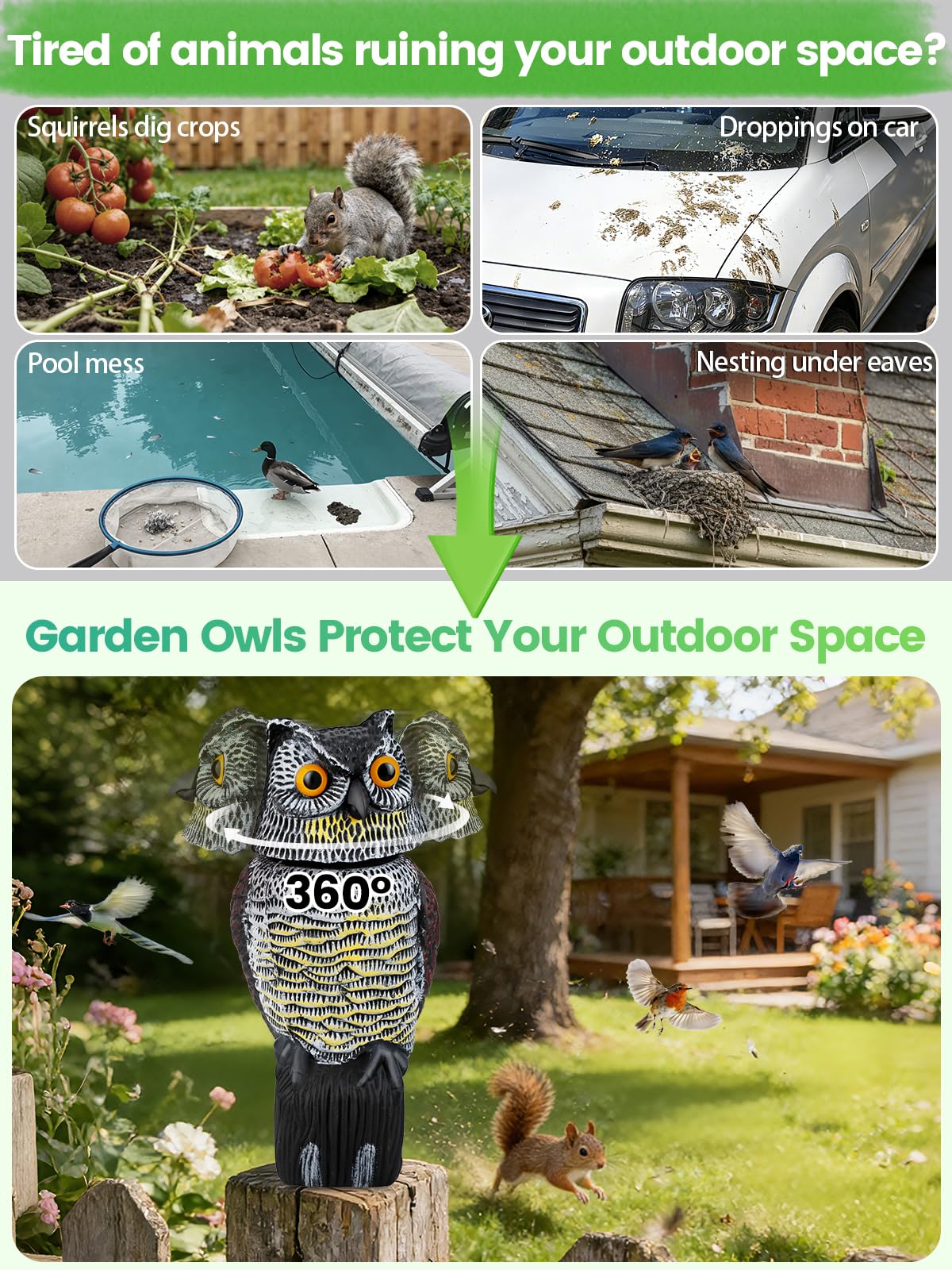 Pestvanish Owl Decoy realistic appearance blends into outdoor spaces for deterrence.