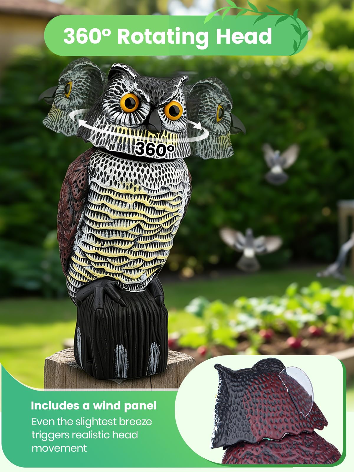 Pestvanish Owl Decoy waterproof paint resists rain and sun for longevity.