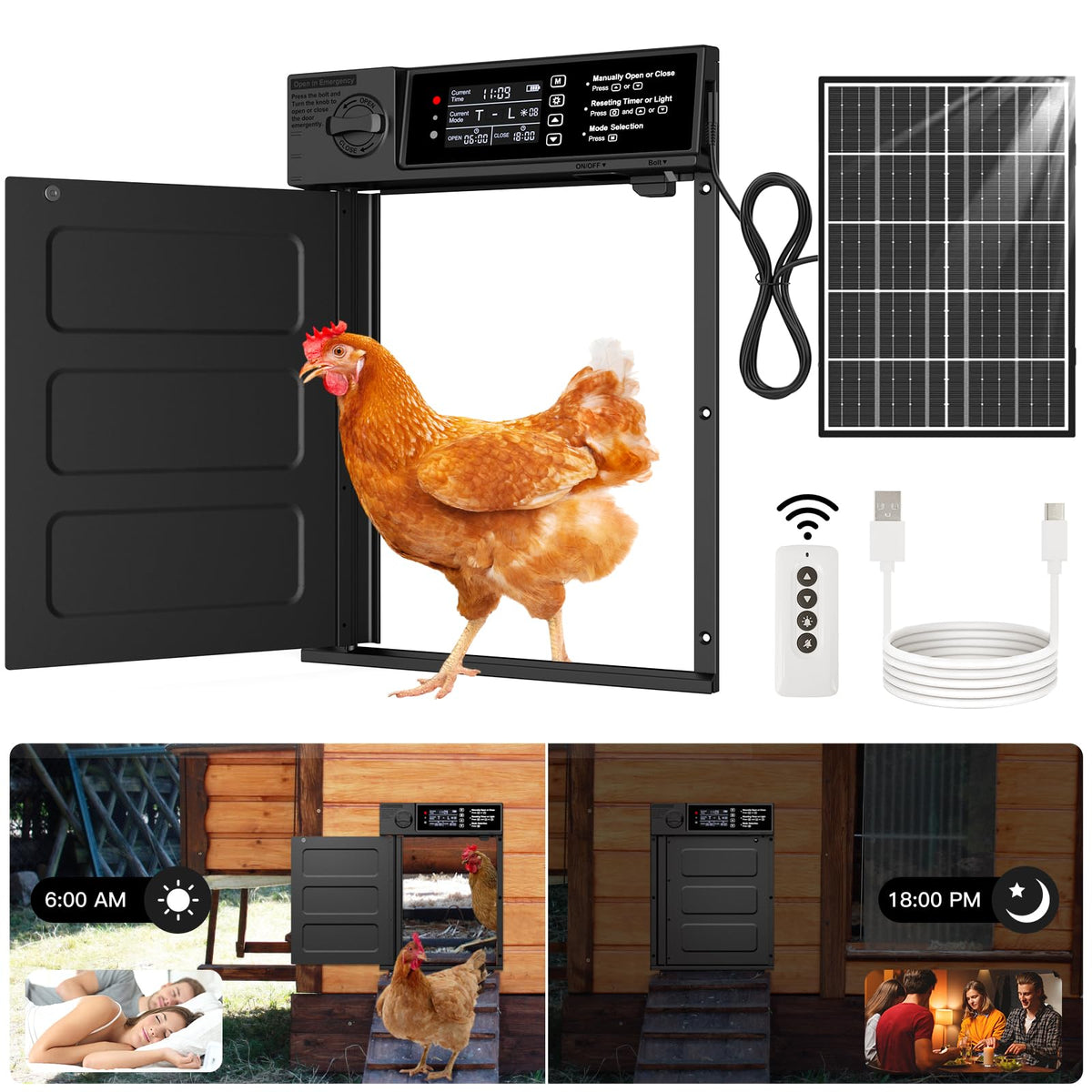 Pet Deluxe automatic door with solar panel setup ensures reliable power for coop access.