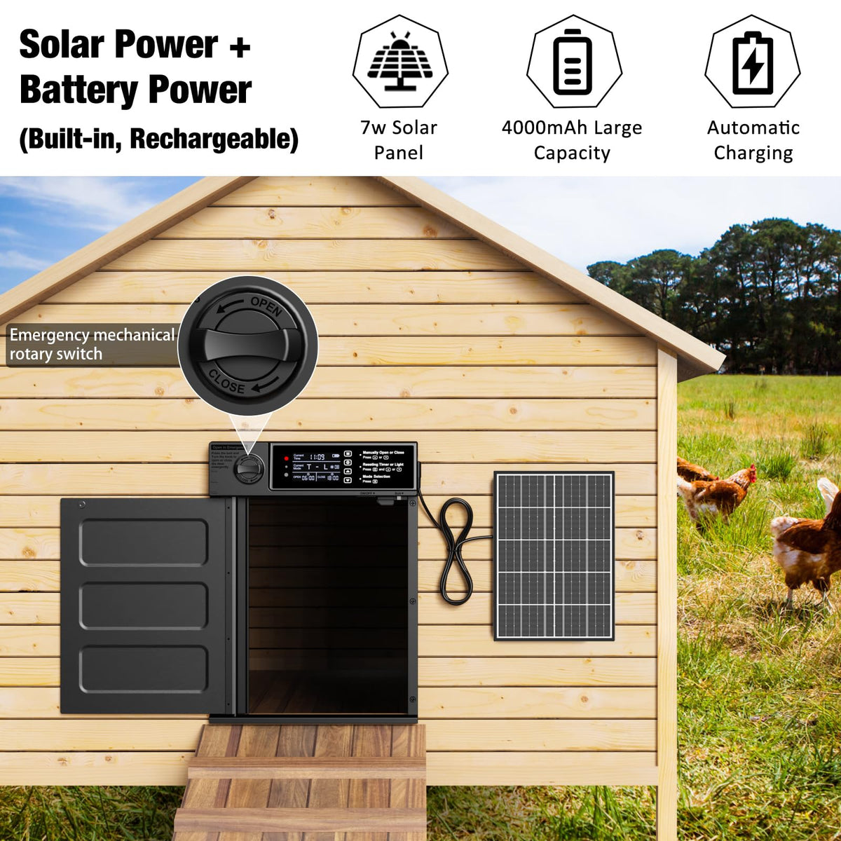 Pet Deluxe emergency override button safeguards the flock during outages or malfunctions.