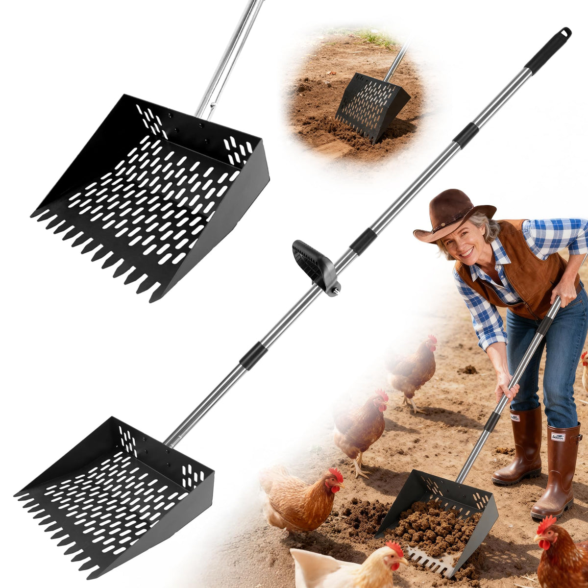 PETDOTT 2-in-1 scoop and rake with D-grip handle for easier coop cleaning.