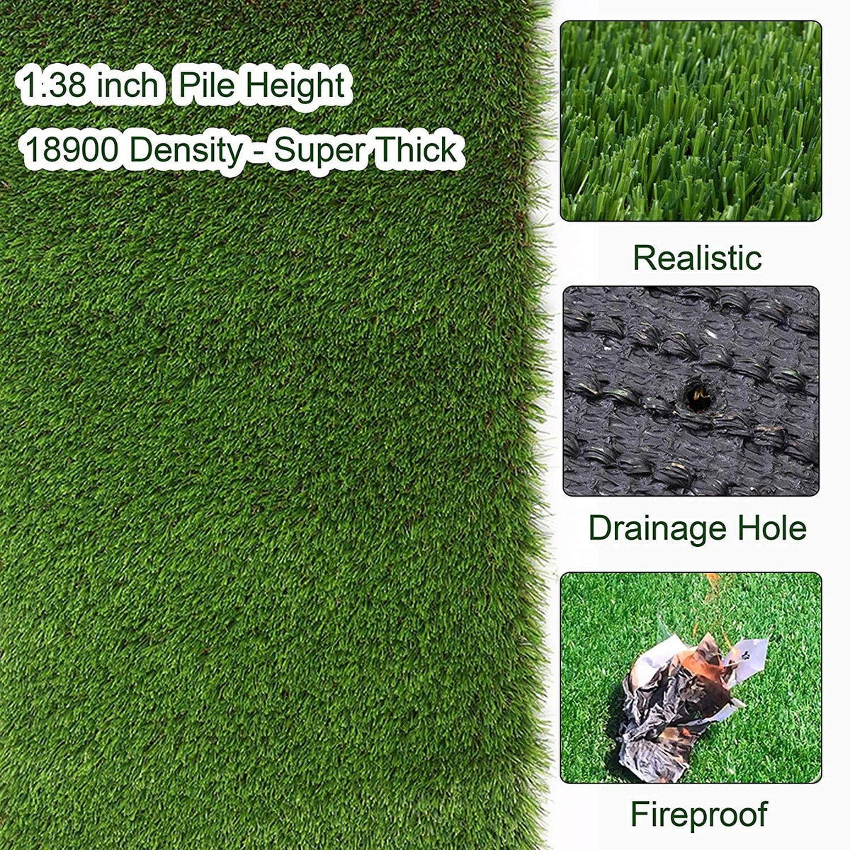 Rubber-backed grass with drainage holes for quick drying and easy cleaning.