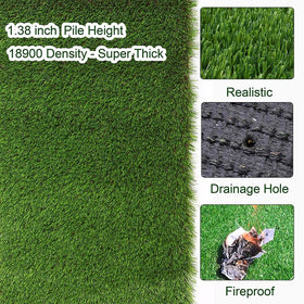 Rubber-backed grass with drainage holes for quick drying and easy cleaning.