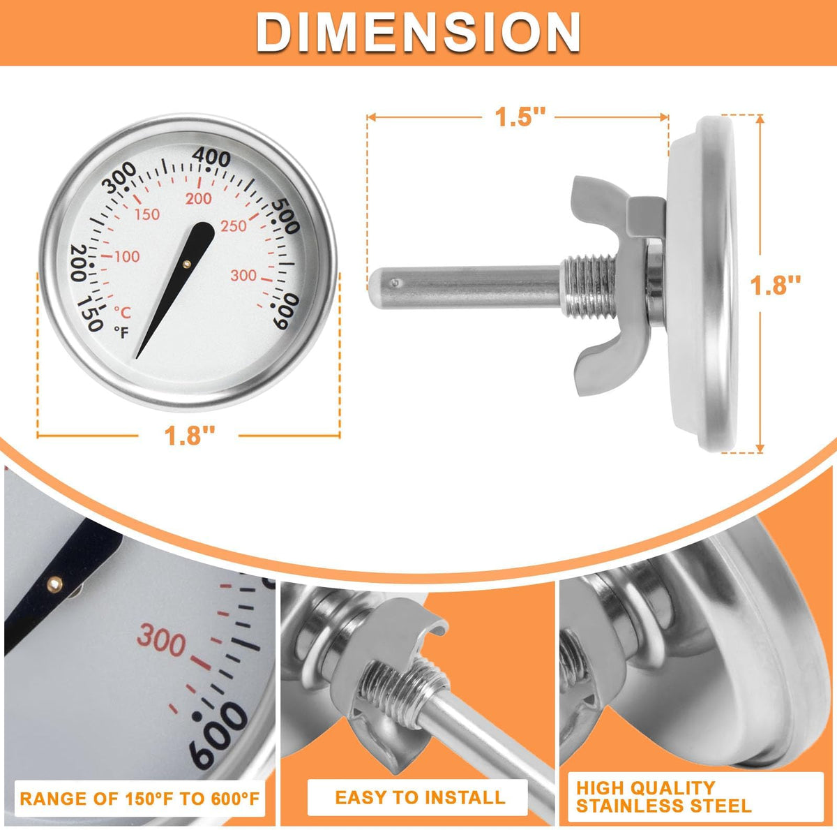 PETKAO thermometer for Weber GS4 Spirit II reads Fahrenheit and Celsius.