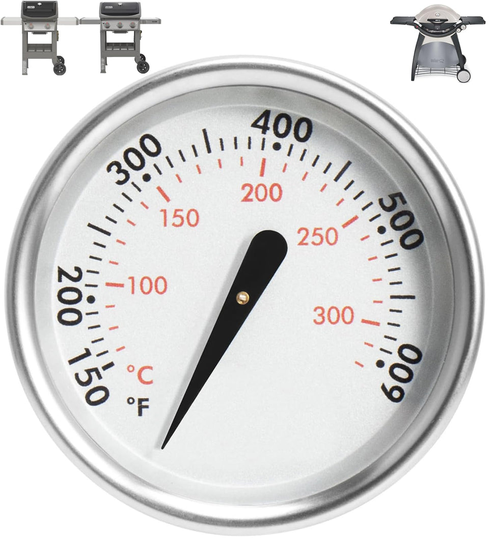 PETKAO Weber thermometer dial shows precise grill temperature for consistent cooking.