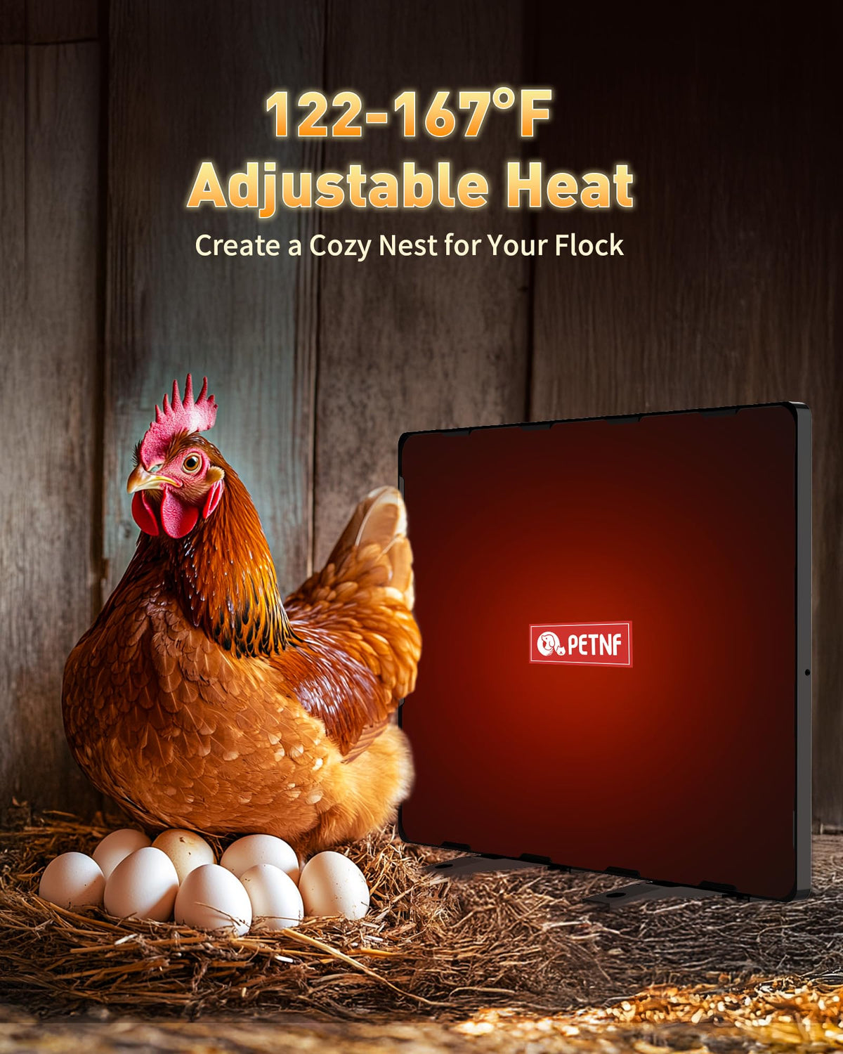 PETNF Chicken Coop Heater standing model providing flexible placement in the coop.