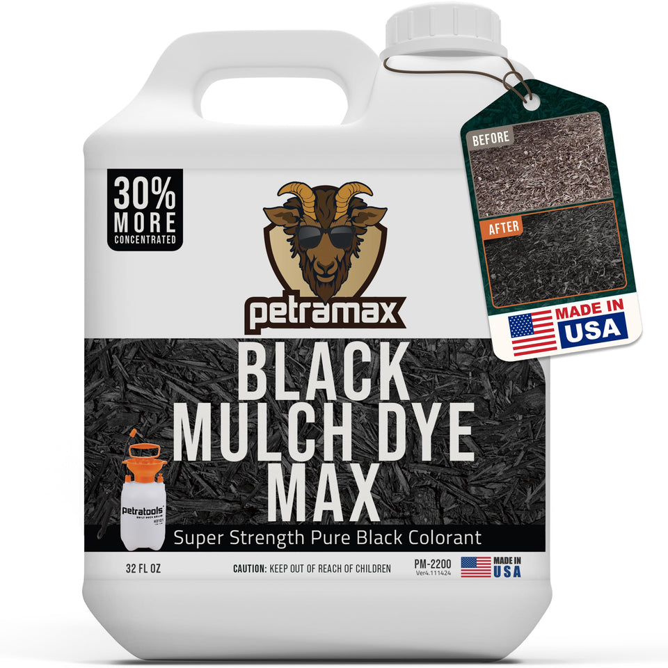 Petra Black Mulch Dye Spray bottle shows rich midnight black color for mulch.