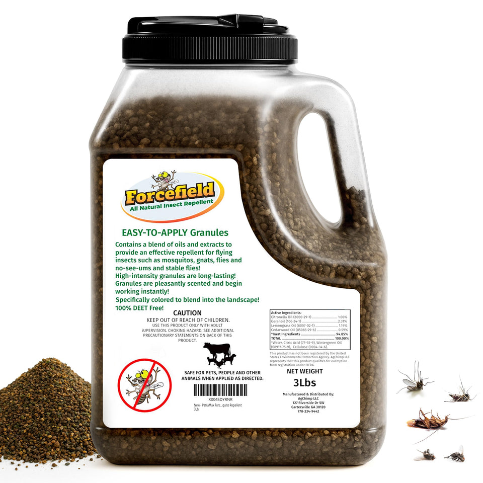Petra ForceField granules dispersing in backyard to form barrier