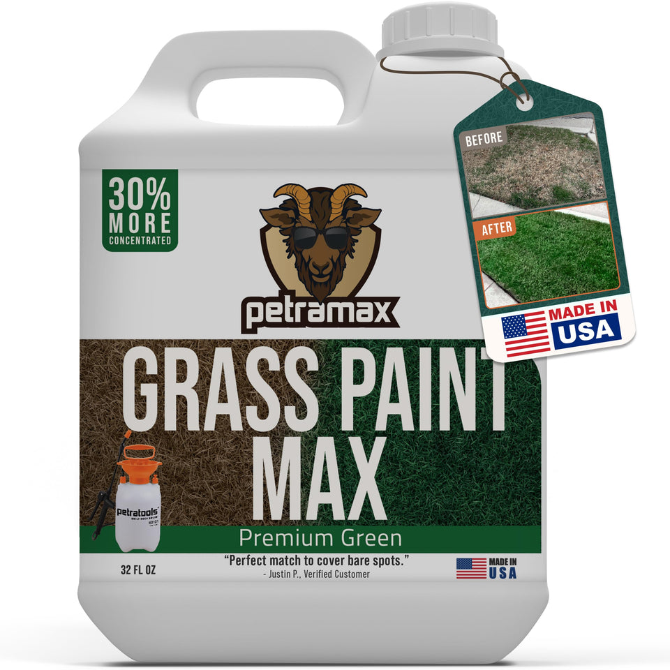 PetraMax Green Grass Paint bottle for vibrant lawn touch-ups and fast color refresh.