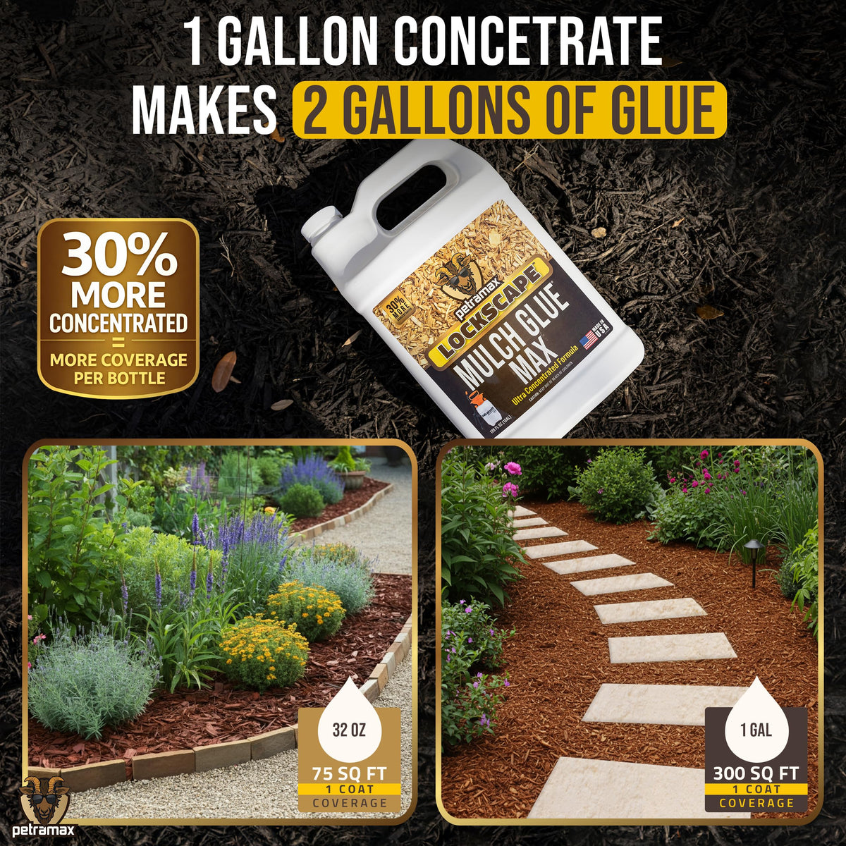 Petra Max Lockscape Mulch Glue for pine straw enhances stability.