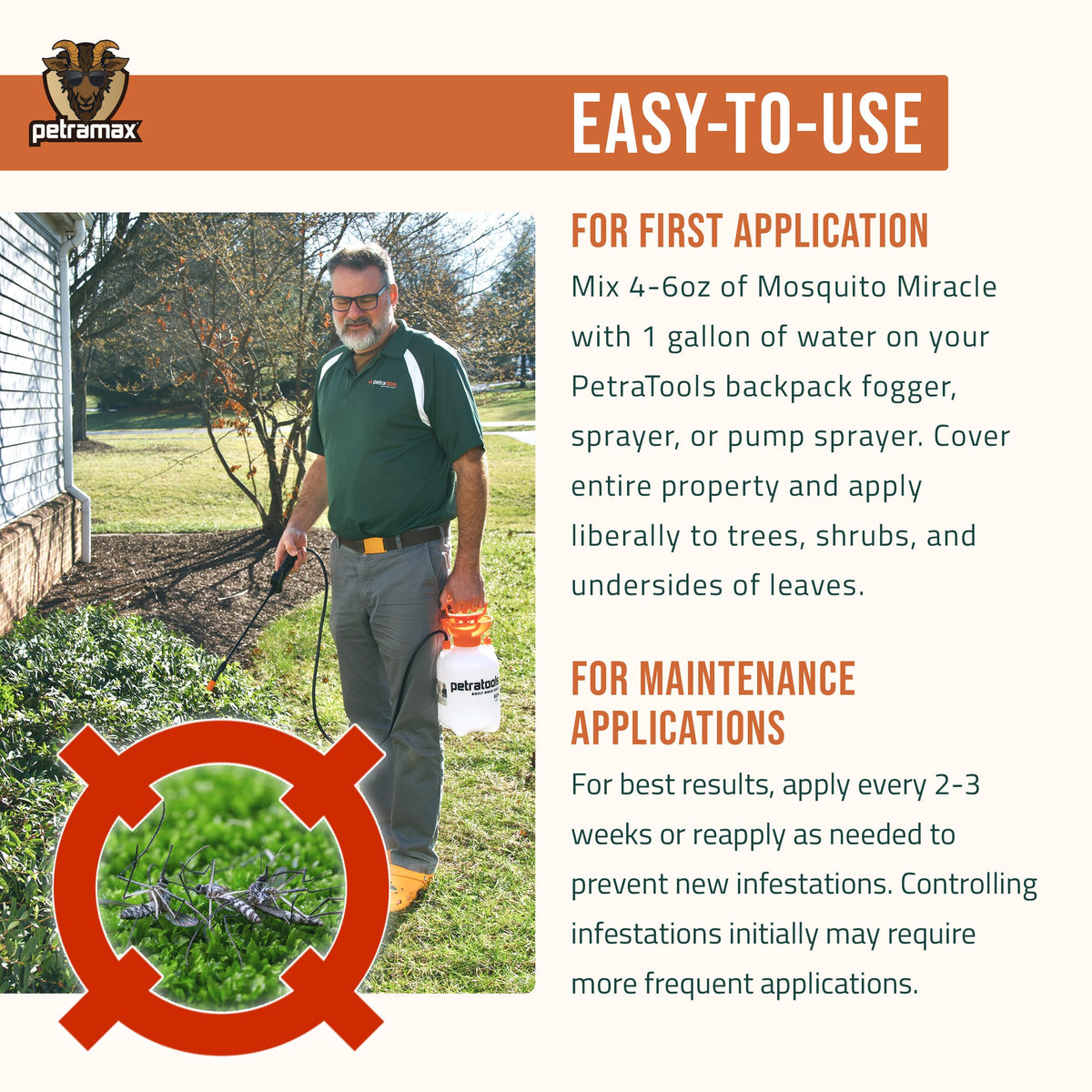 Garden sprayer applies PetraMax for safe lawn treatment.
