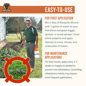 Garden sprayer applies PetraMax for safe lawn treatment.